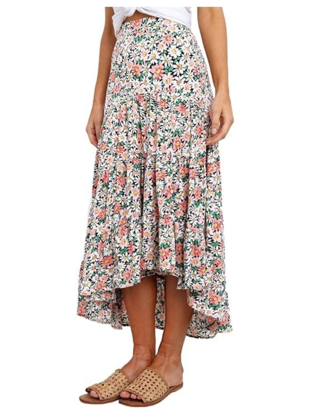 High Waist Flowy Midi Skirt with High Low Hem and Ruffles